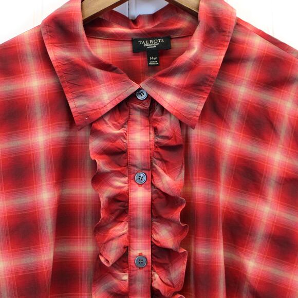 Talbots Woman Size 14W Plaid Blouse Ruffle Front Red Beige Plaid Prairie Modest - Picture 3 of 7